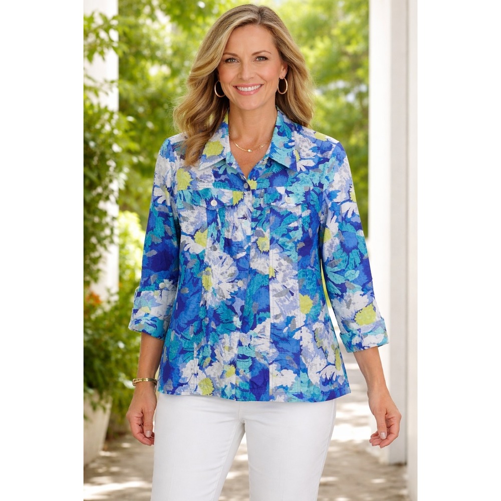 Ruby Rd Favorites Plus Size 16W Shirt Jacket Button Front Semi Sheer Top Blue